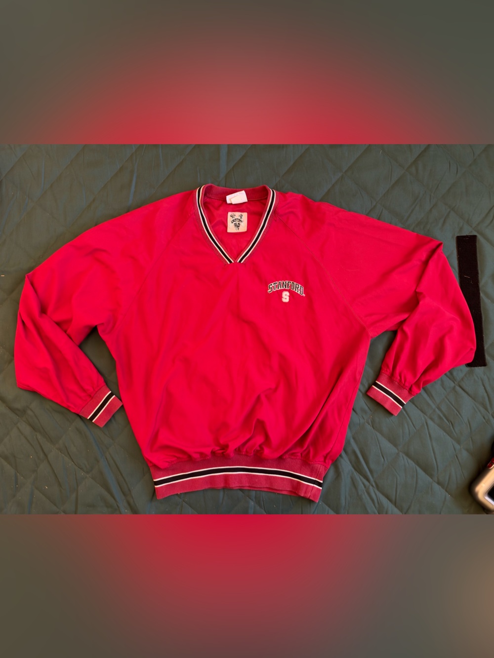 Vintage Stanford University Red Varsity-Style Bomber with Striped Trim
